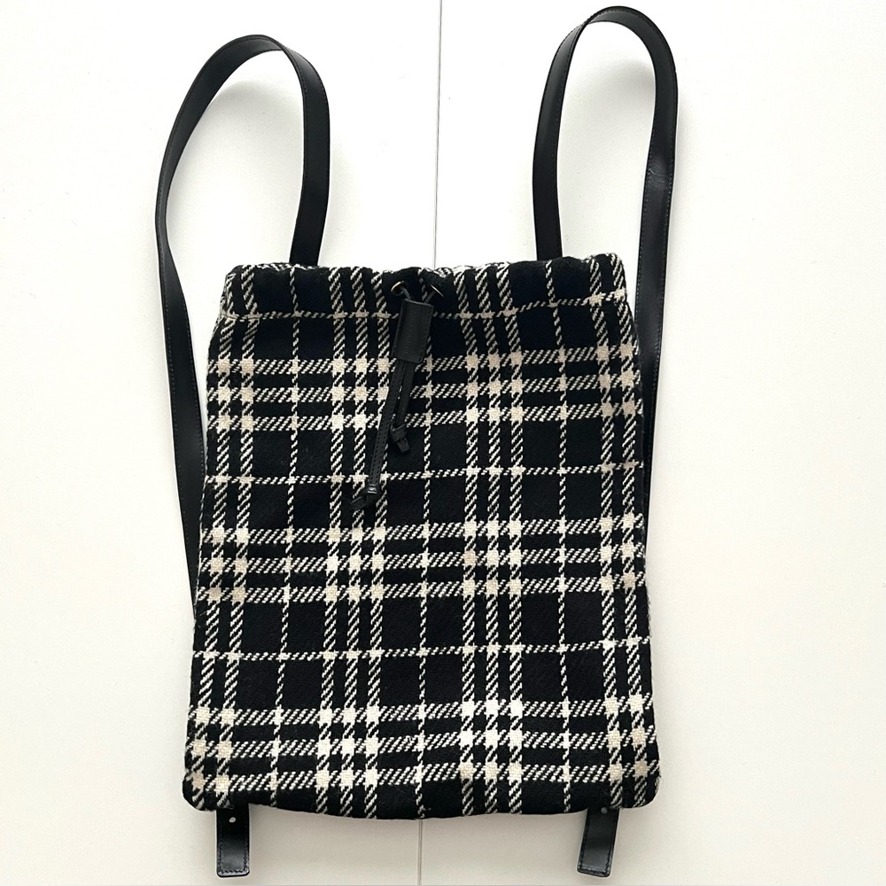 Burberry Black and White Check Wool Backpack With Leather Straps